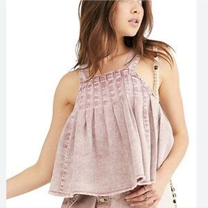 Free People Marina Denim Sleeveless Top Washed Pink Apron Tank XS